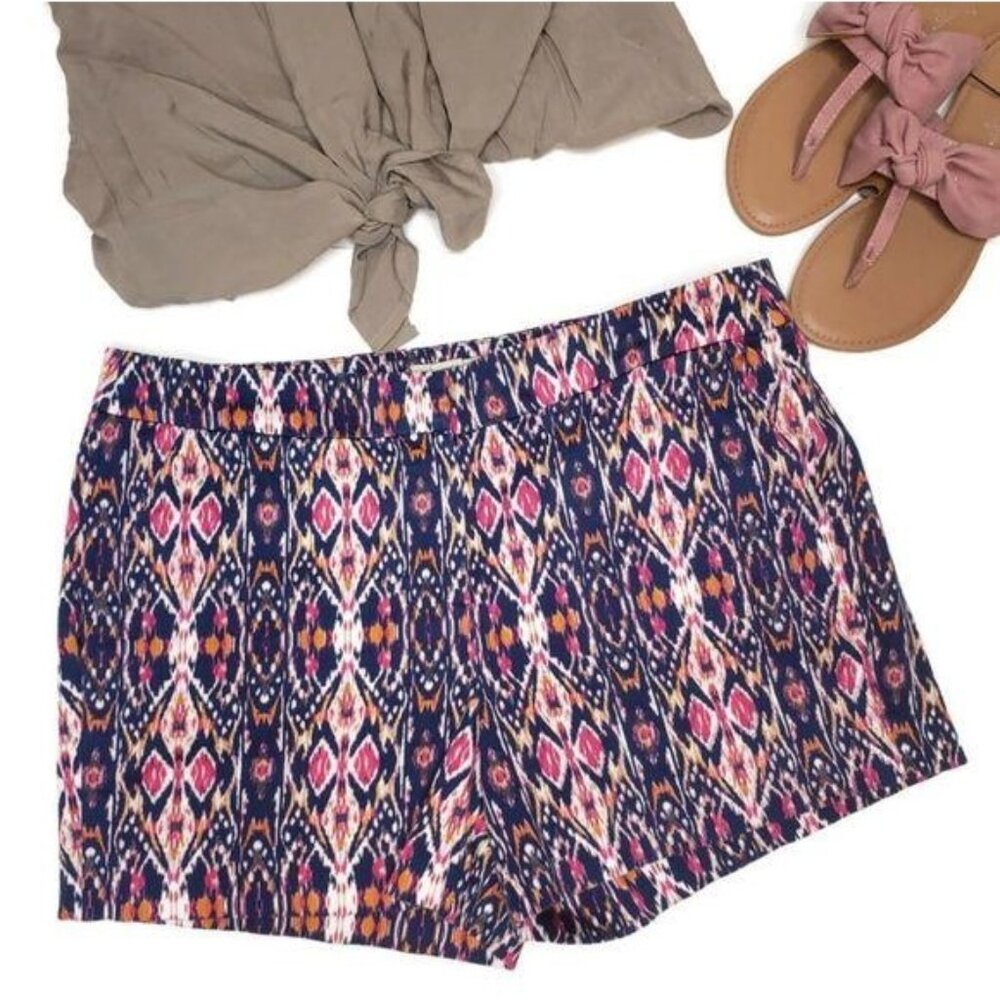 British Khaki Womens Ikat Print Shorts Size 6 Cotton navy pink calidascope boho - Picture 5 of 5